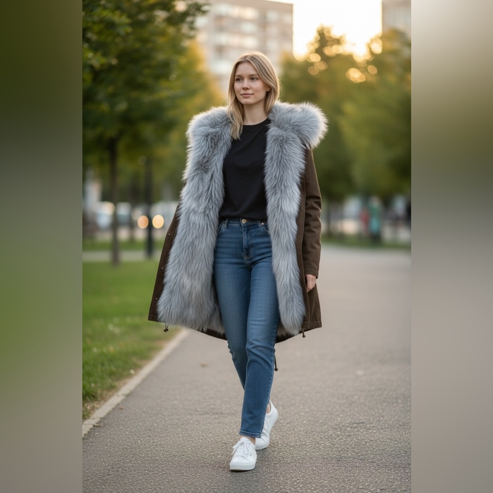 Olive Green Utility Parka Coat w/ Removable Faux Fur Vest & Hood | Small